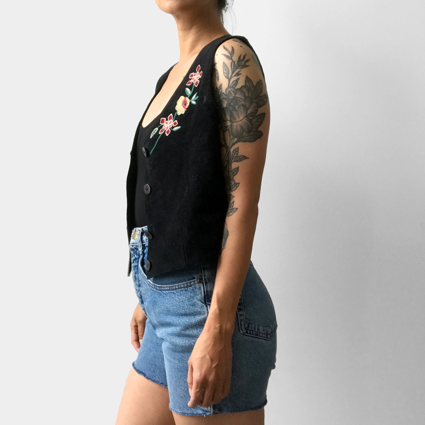 1970s Floral Embroidered Black Suede Crop Vest