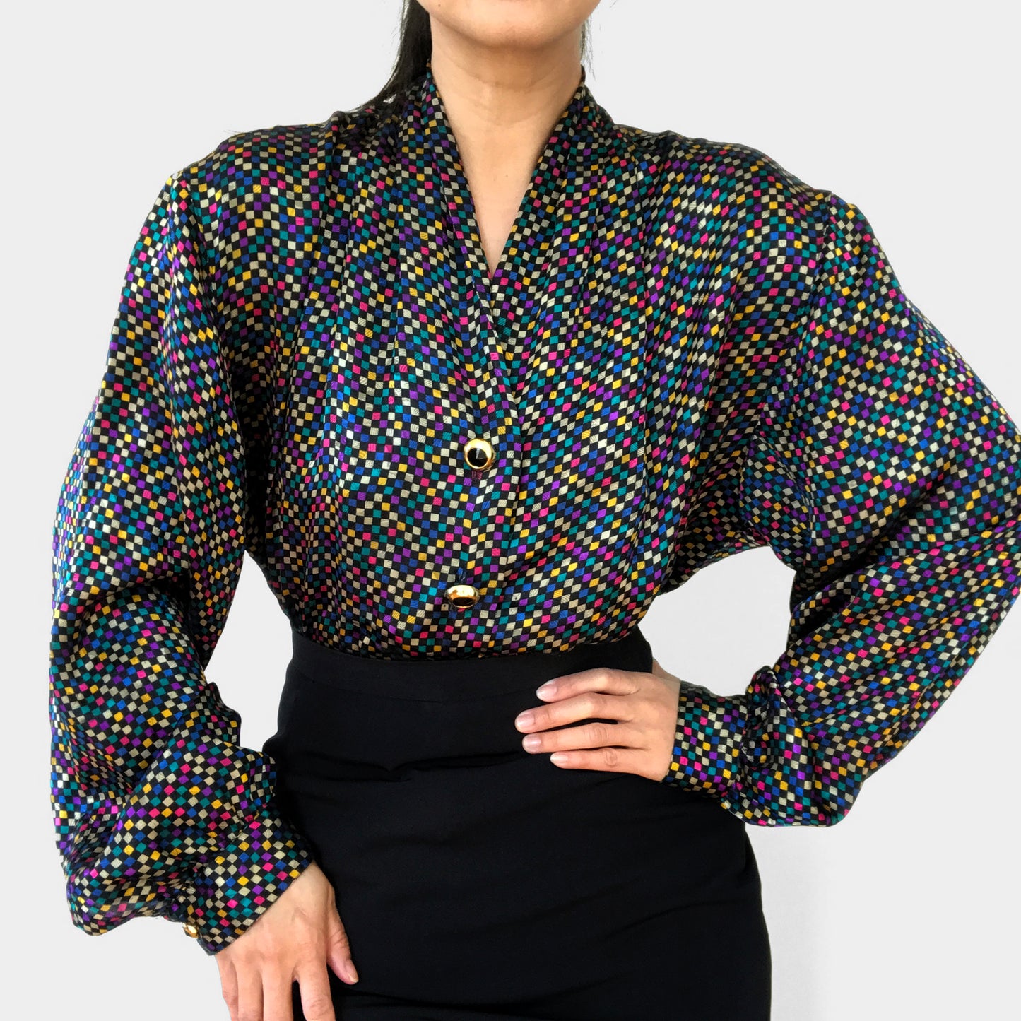 1980s Multi-Coloured Checker Patterned Gold Button Button-Front Blouse