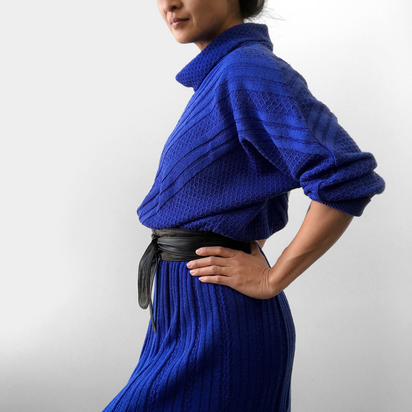 1980s Indigo Blue Knit Cowl-Neck Sweater Dress with Belt