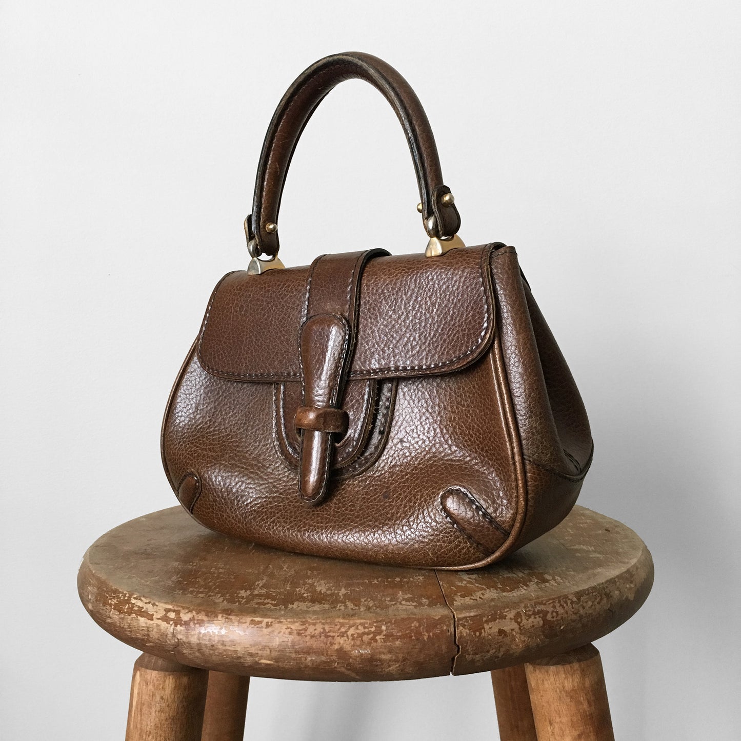 1960s Compact High End Brown Leather Top Handle Handbag