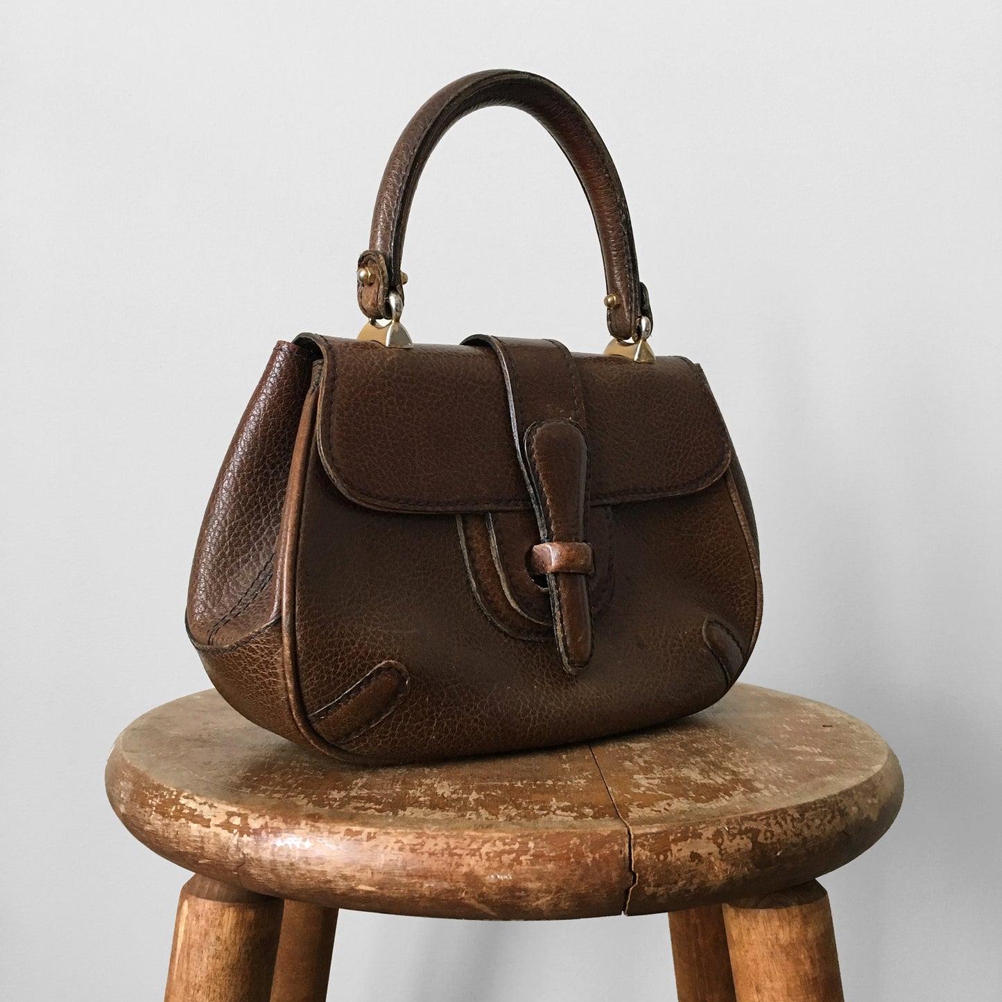 1960s Compact High End Brown Leather Top Handle Handbag