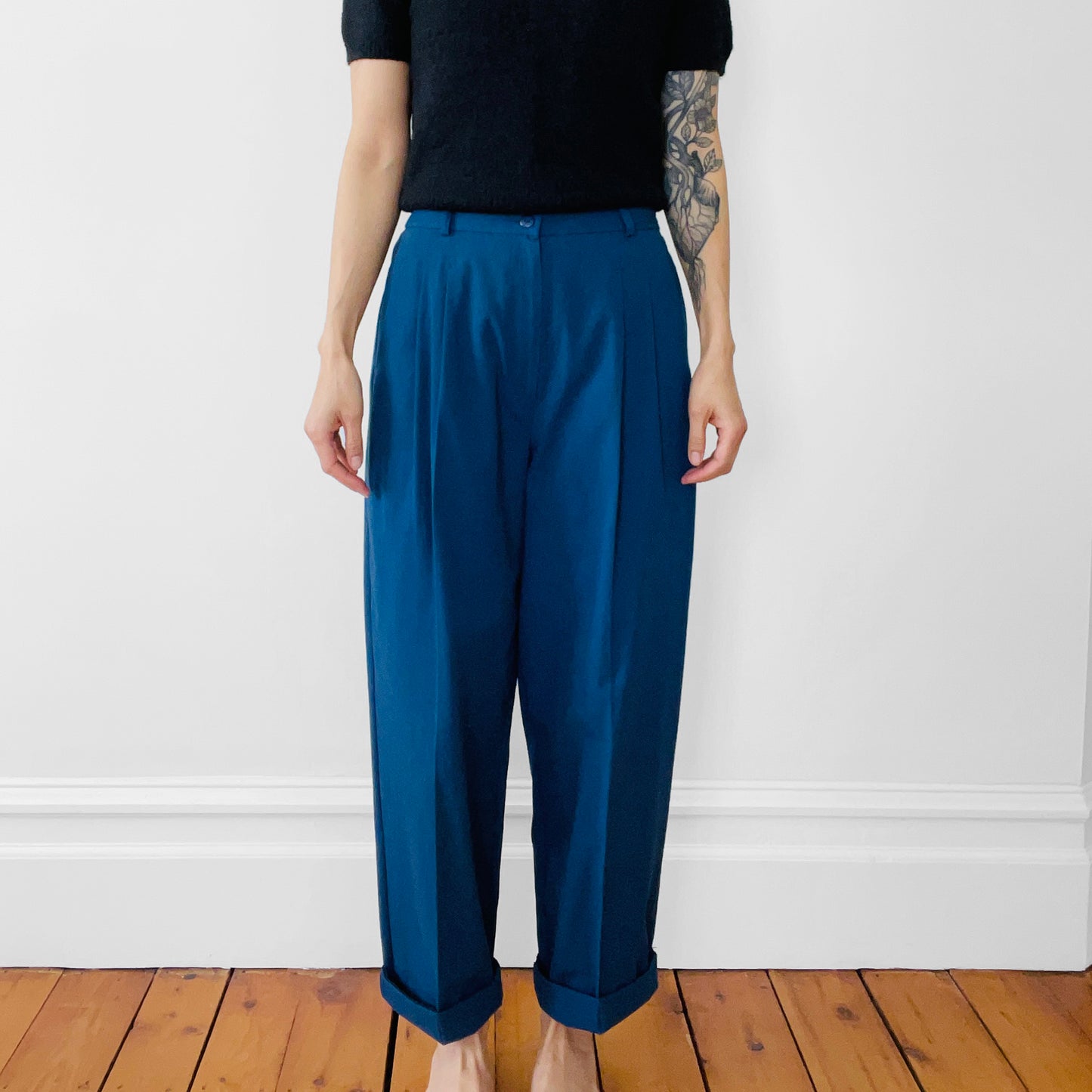 1980s Blue High-Waisted Pleated Tapered-Leg Pants