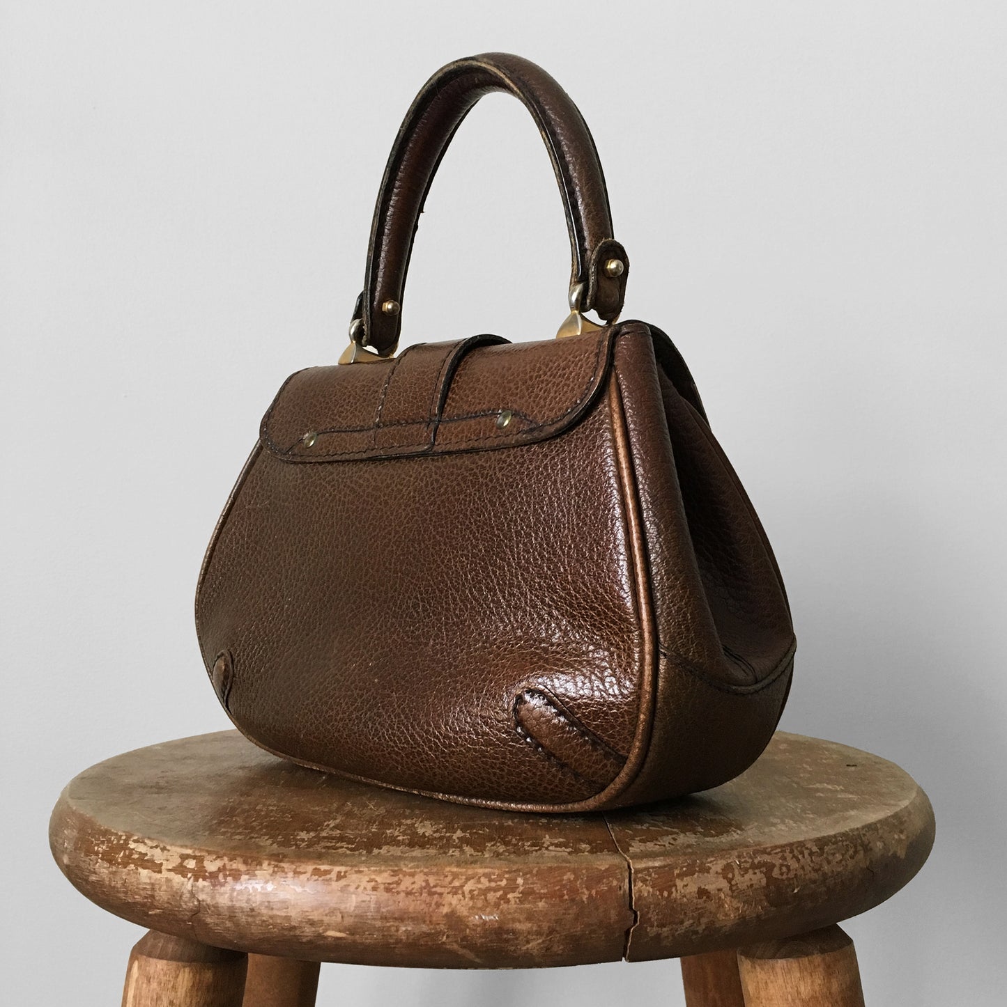 1960s Compact High End Brown Leather Top Handle Handbag