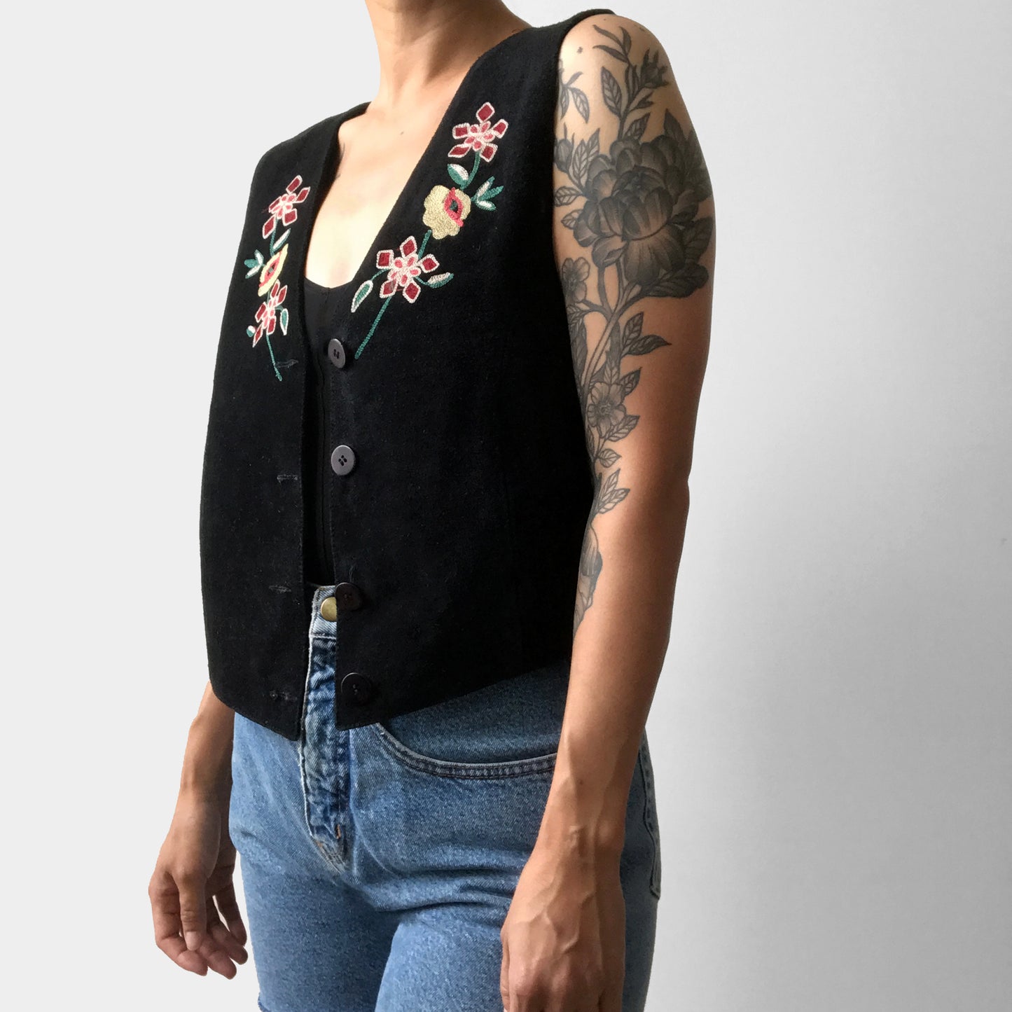 1970s Floral Embroidered Black Suede Crop Vest