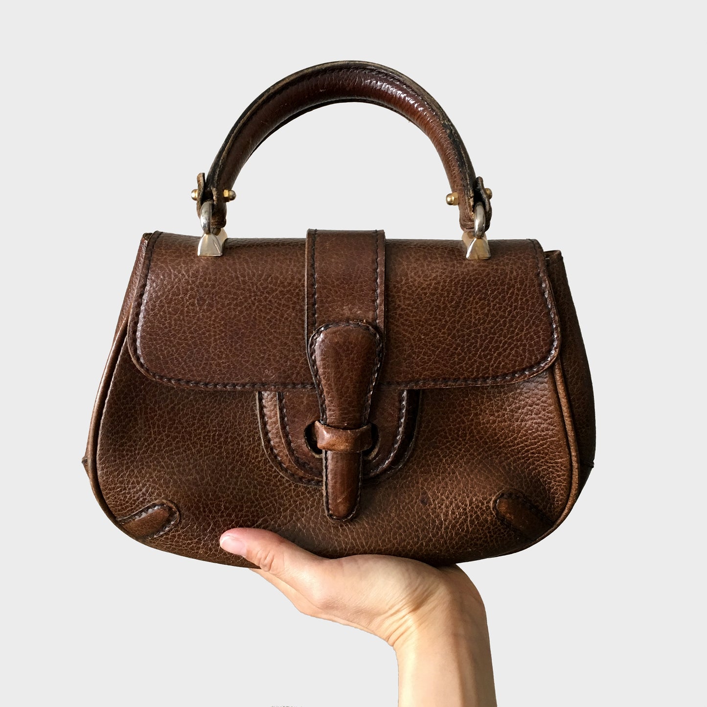 1960s Compact High End Brown Leather Top Handle Handbag