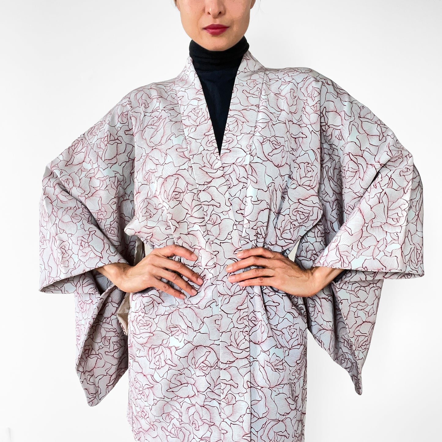 Rose Patterned Silk-Crepe Kimono Haori Jacket