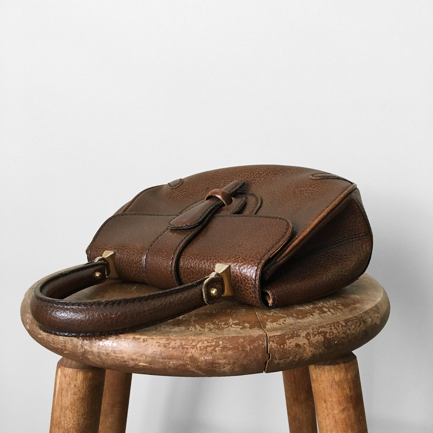 1960s Compact High End Brown Leather Top Handle Handbag