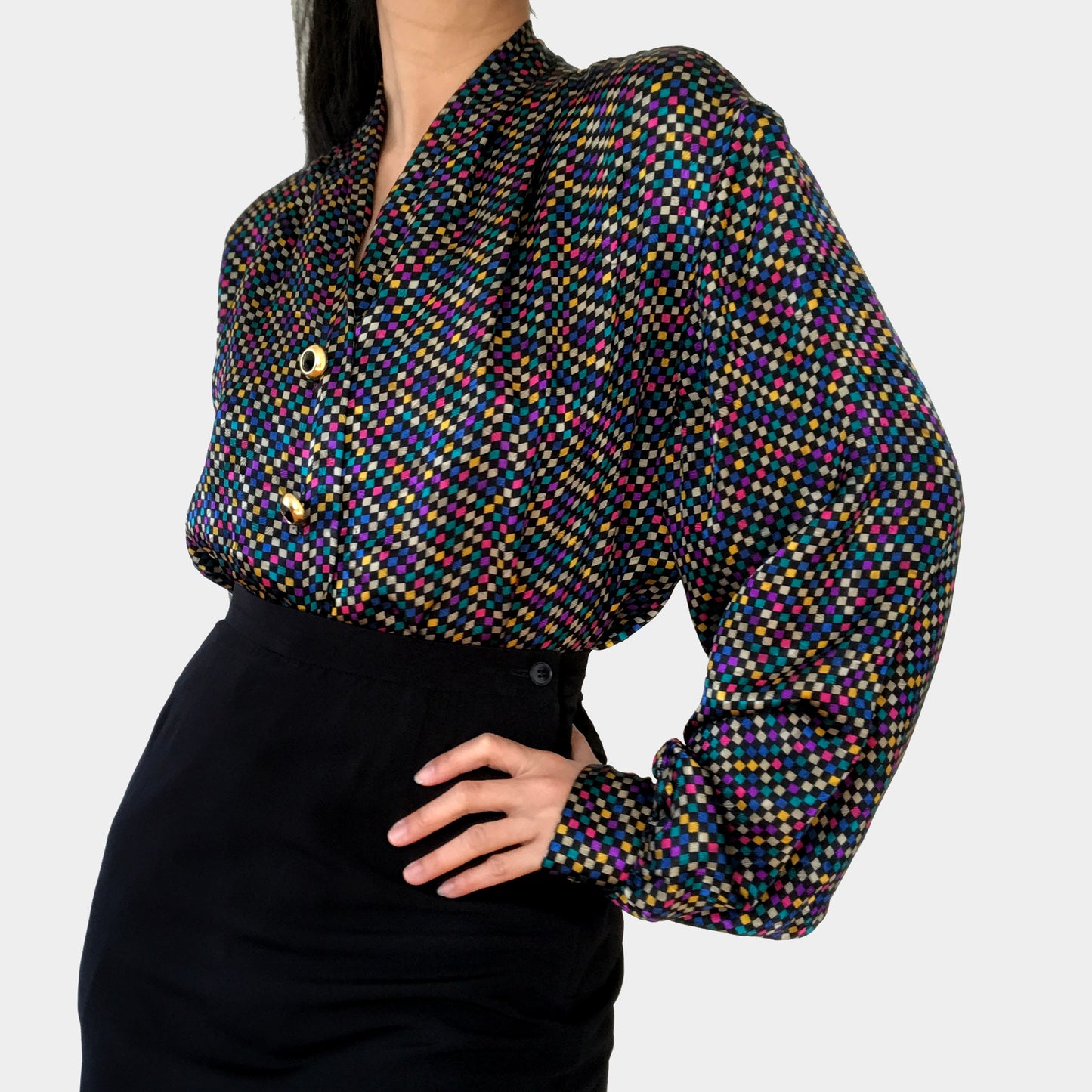 1980s Multi-Coloured Checker Patterned Gold Button Button-Front Blouse