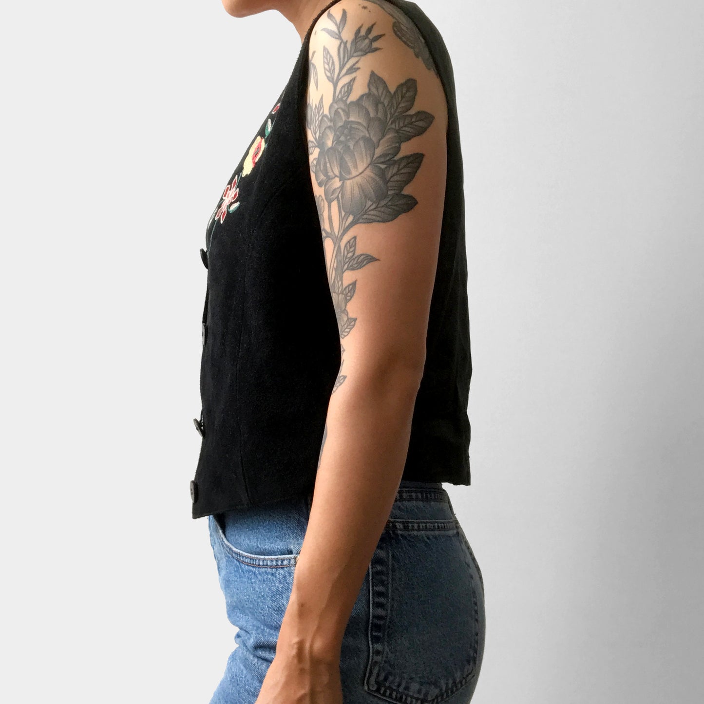 1970s Floral Embroidered Black Suede Crop Vest