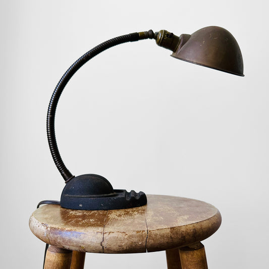 1940s Olive Brown Metal and Cast Iron Gooseneck Desk Lamp