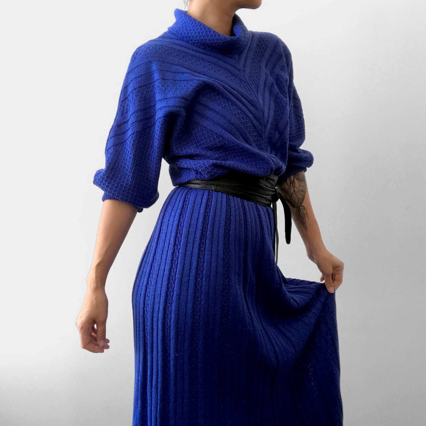 1980s Indigo Blue Knit Cowl-Neck Sweater Dress with Belt