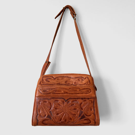 1970s Tooled-Leather Floral Motif Handbag Purse