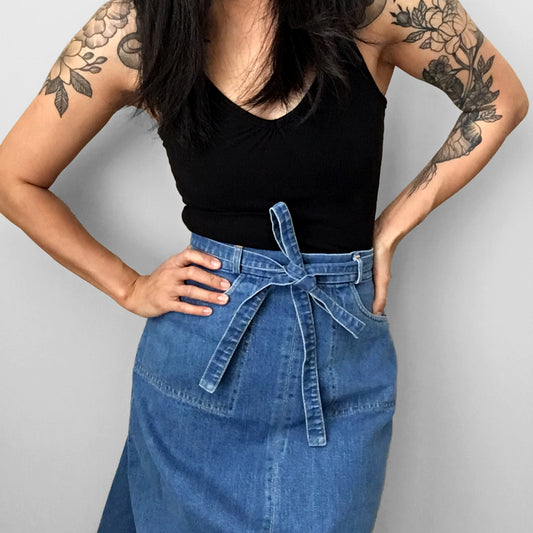 1970s A-Line Tied-Waist Wrap Denim Blue Jean Skirt