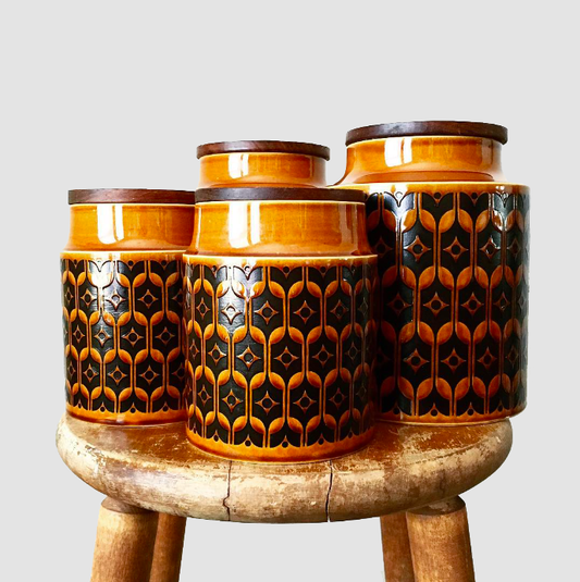 Set of 4 1960s MCM Mid-Century Modern Hornsea Lidded Ceramic Kitchen Canister Jars