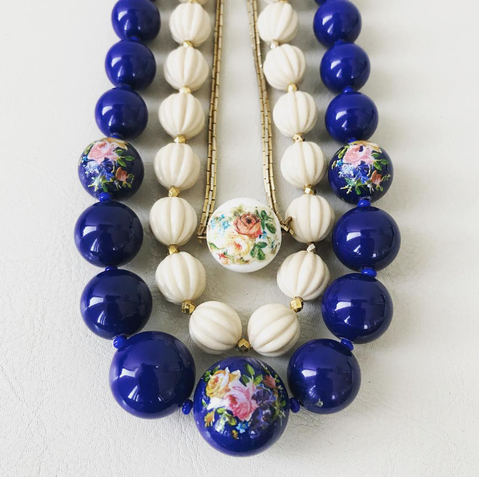 Blue and White Floral Bead and Chain Three Piece Necklace Set