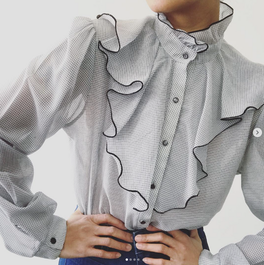 Light Grey Patterned Ruffle Neck High Collar Blouse