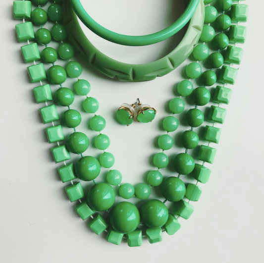 1960s Apple Green Beaded necklace Bangle Bracelet and Earrings Set