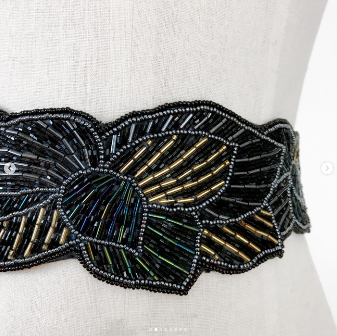 1980s Black Iridescent Beaded Leaf Motif Belt