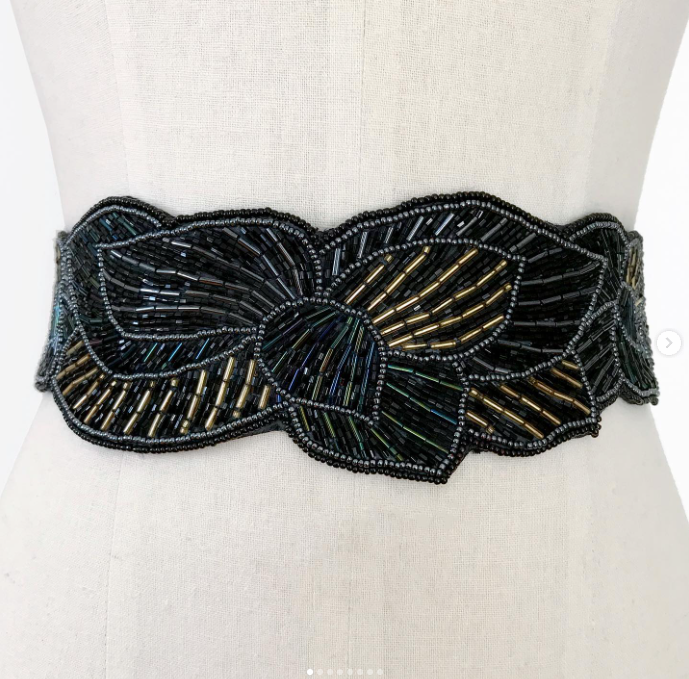 1980s Black Iridescent Beaded Leaf Motif Belt