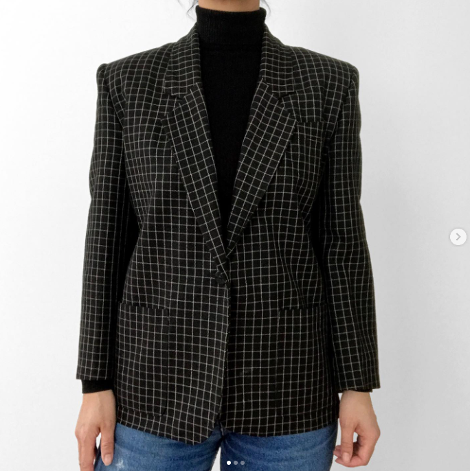 1980s Black and White Single-Button Window Pane Blazer Jacket