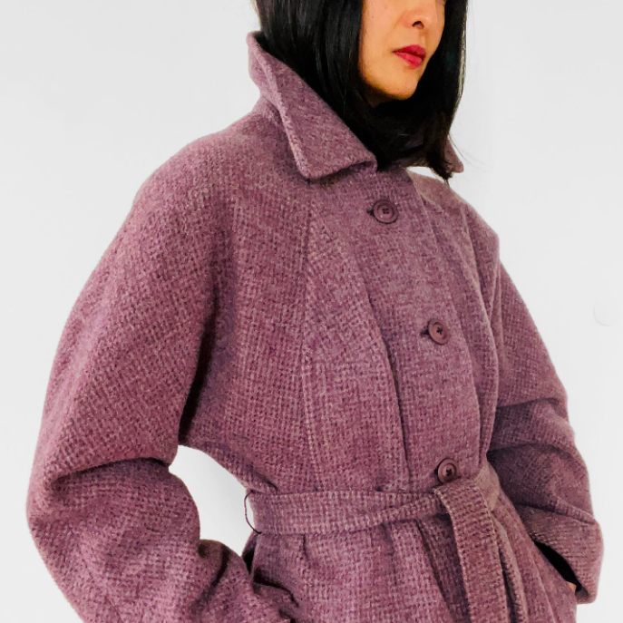 1980s Mauve Tweed Wool Made in England Belted Coat