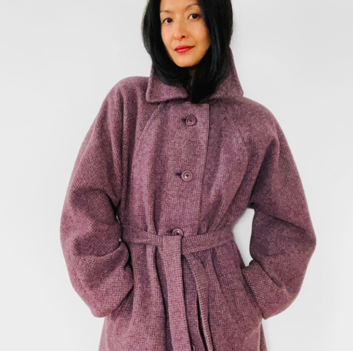 1980s Mauve Tweed Wool Made in England Belted Coat