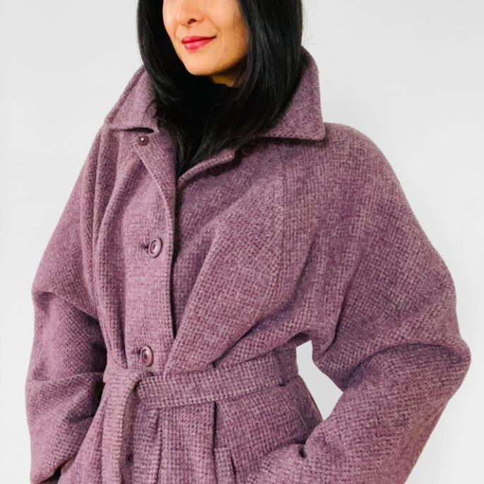 1980s Mauve Tweed Wool Made in England Belted Coat