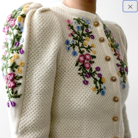 1970s Floral Embroidered Knit Puff-Sleeve Wool Sweater