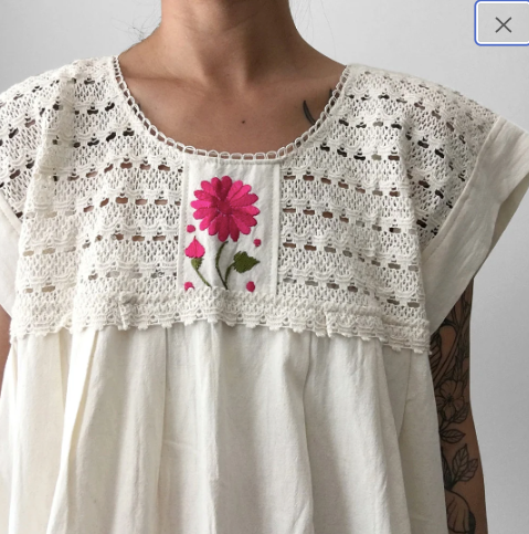 1970s Off-White Bohemian Crochet Floral Embroidered Midi-Length Dress