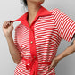 1970s Red and White Striped Wide-Lapel Belted Button-Front Short Sleeve Shirt