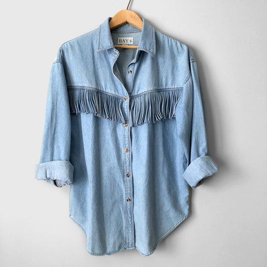 1990s Light-Wash South Western Fringe Button-Up Denim Jean Shirt