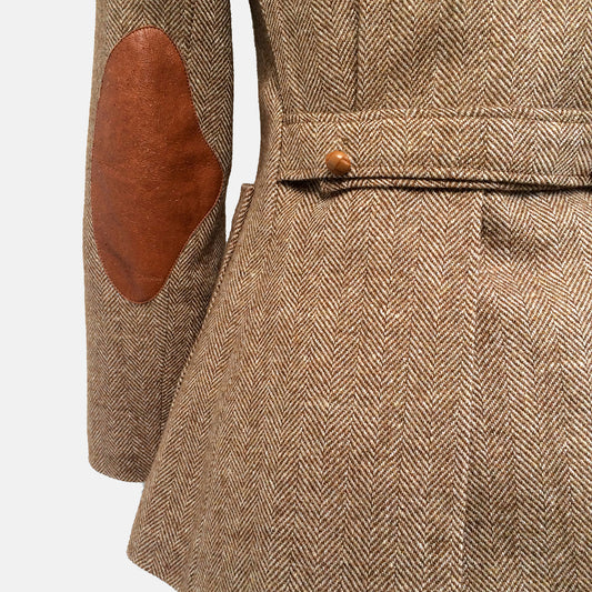 1970s Beige and Brown Tweed and Leather Made in France Fitted Blazer Jacket