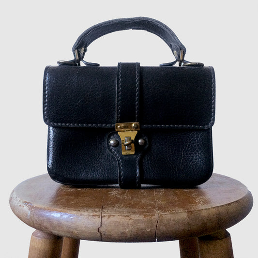 Compact 1970s Black Leather Top-Handle Handbag