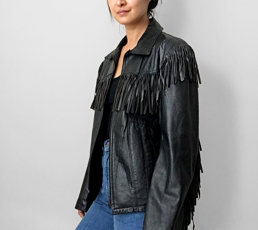 1970s Black Fringe Leather Biker Jacket