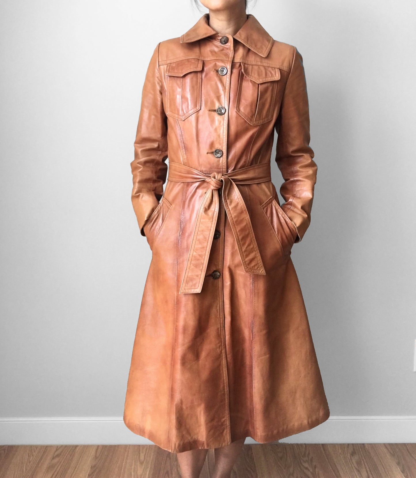 1970s Made in Canada Long Tobacco Brown Belted Leather Coat