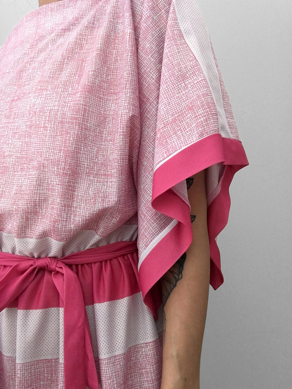 1980s Pink Lightweight Stripe Belted Elastic Waist Dress