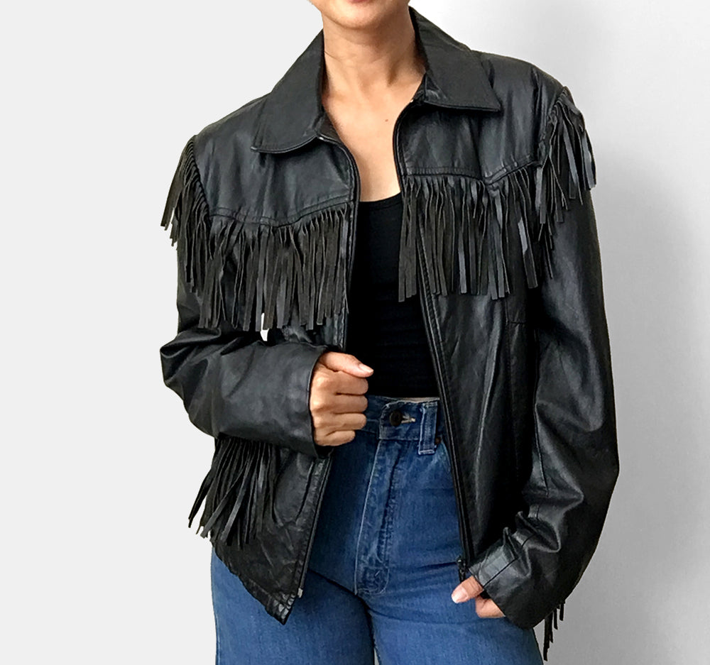 1970s Black Fringe Leather Biker Jacket