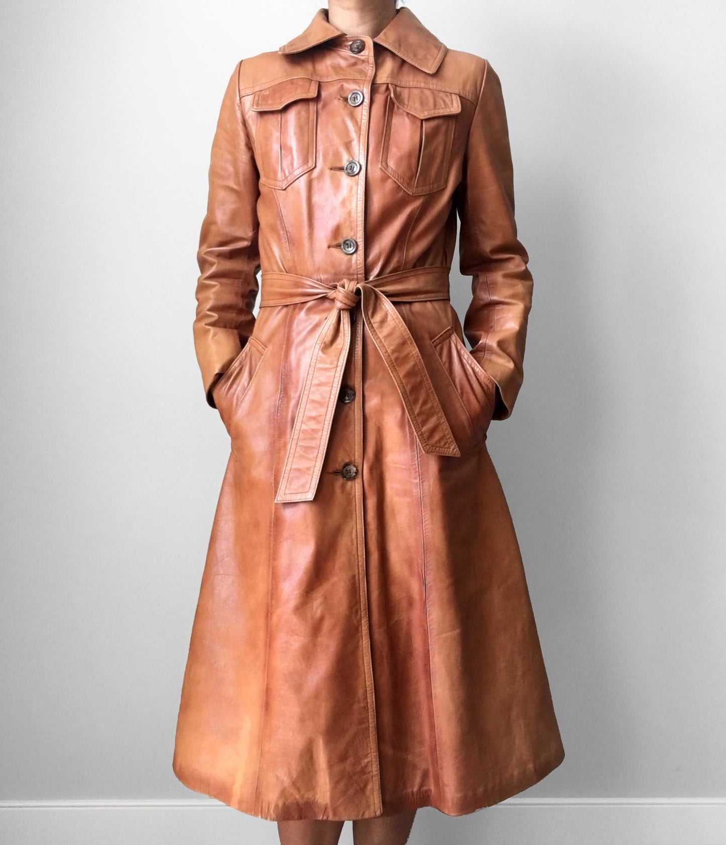 1970s Made in Canada Long Tobacco Brown Belted Leather Coat