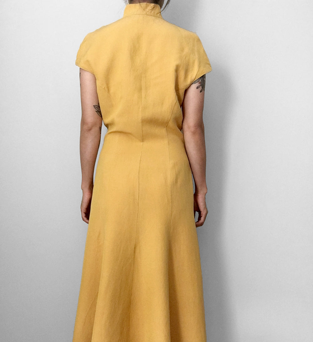 1990s Made in Germany Yellow Button-Front Mandarin Collar Dress