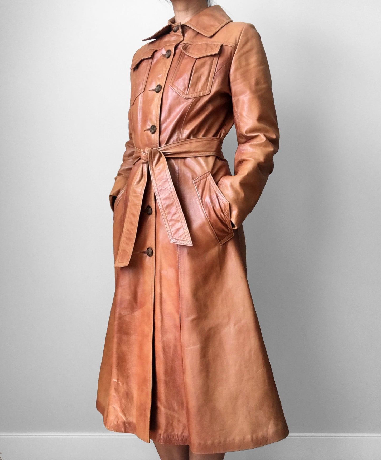 1970s Made in Canada Long Tobacco Brown Belted Leather Coat