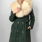 1970s Made in England Faux Fur Collared Hunter-Green Suede Leather Belted Coat