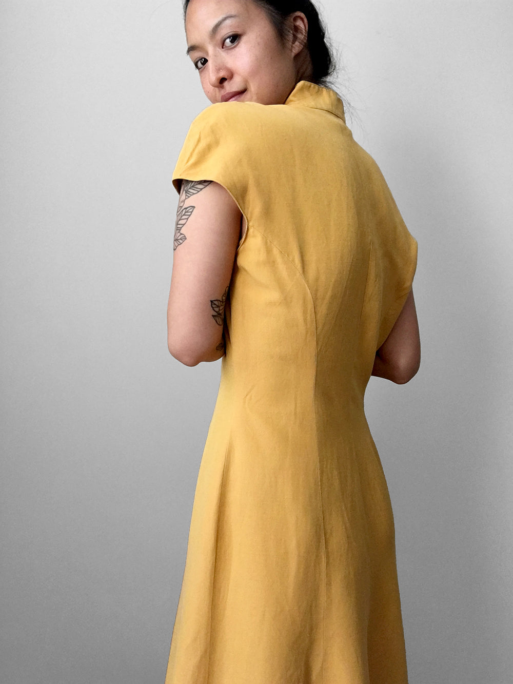 1990s Made in Germany Yellow Button-Front Mandarin Collar Dress