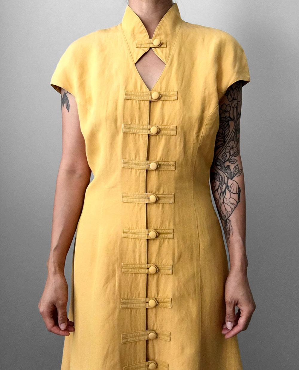 1990s Made in Germany Yellow Button-Front Mandarin Collar Dress