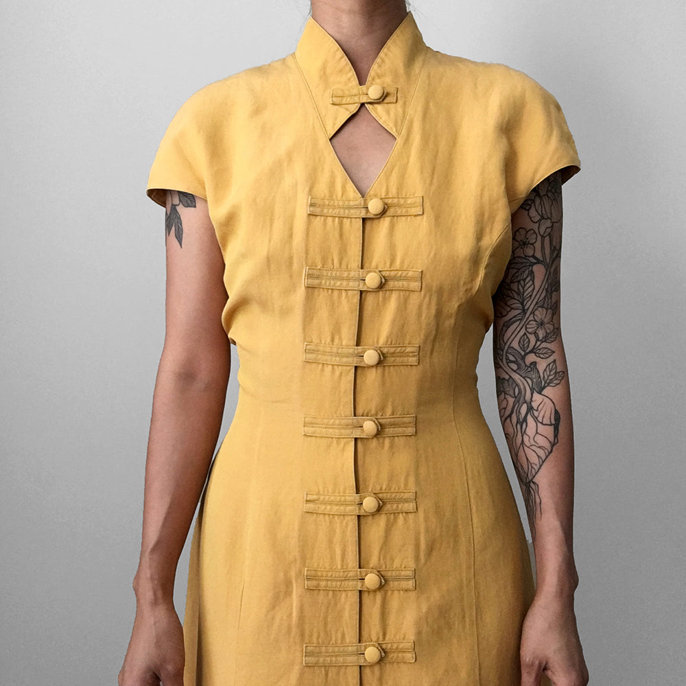 1990s Made in Germany Yellow Button-Front Mandarin Collar Dress